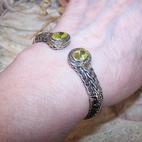Sterling Silver 14K Gold Peridot CZ Hinged Cuff Bracelet - Size 6.75 - Picture 5 of 11